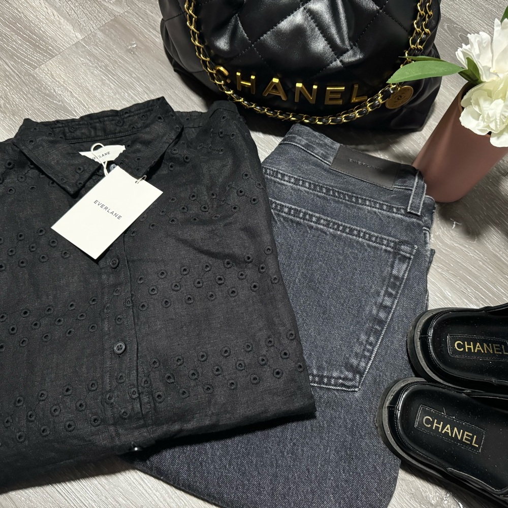 The Linen Eyelet Relaxed Shirt Black size 6
